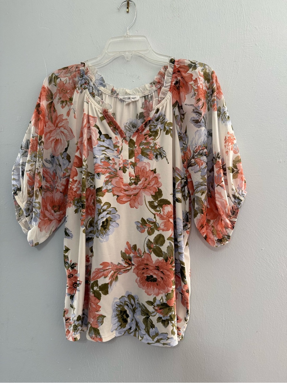 PerSeption Concept Cream Floral Peasant Blouse with Coral and Olive Blooms